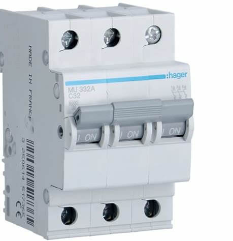 HAGER MU332 A   Interruptor automático modular MCB 3P 6/10 kA C-32 A 3M u x
